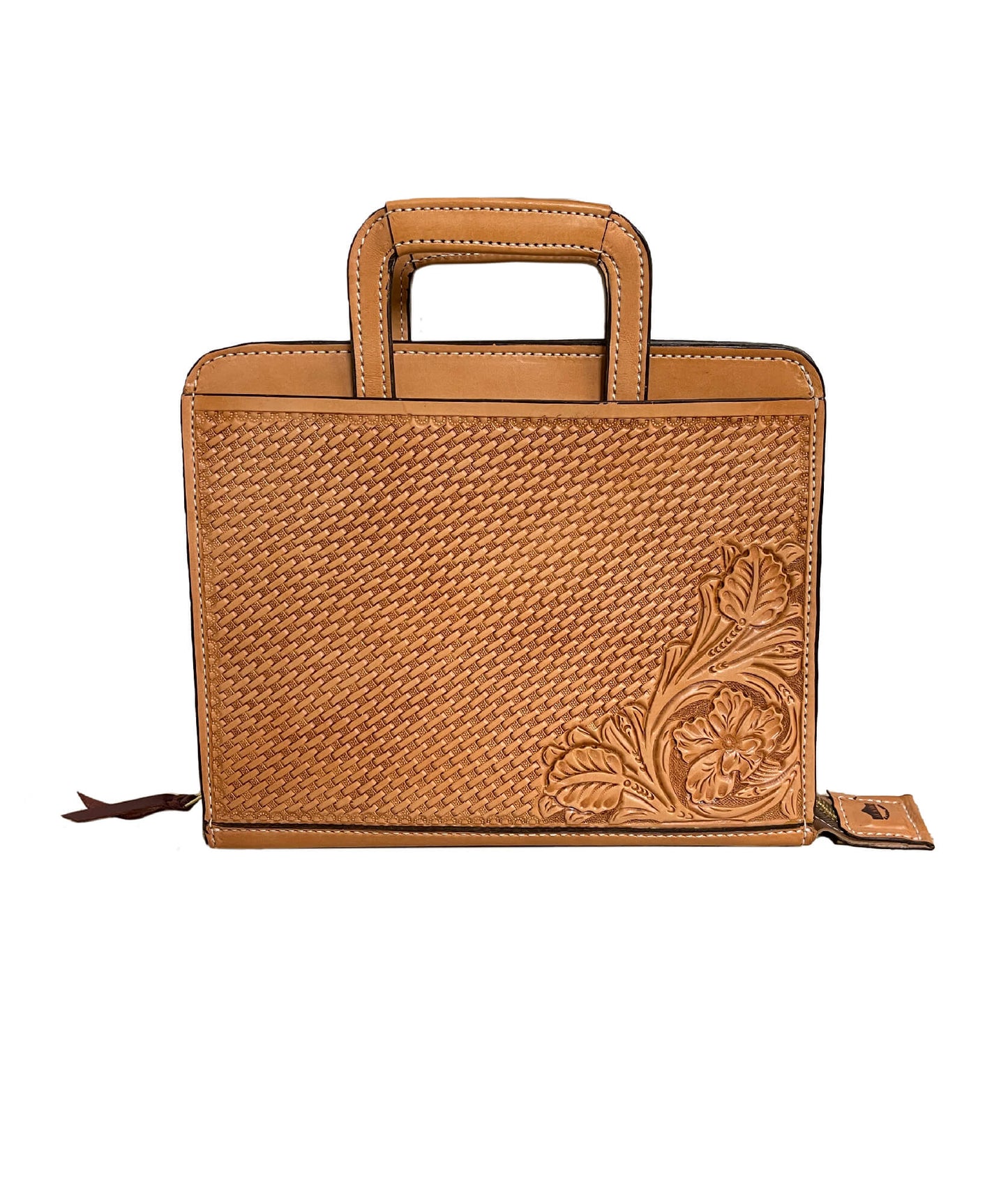 Alamo Saddlery #8 Cowboy Briefcase golden leather basket and wild rose tooling
