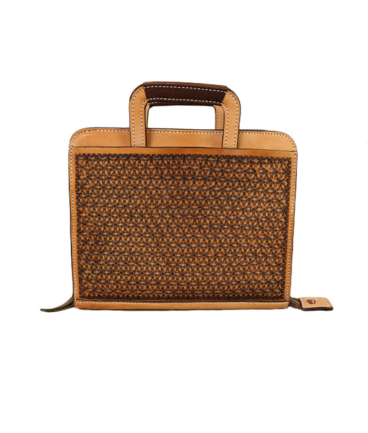 Alamo Saddlery #3 Cowboy Briefcase golden and chocolate leather snowflake tooling