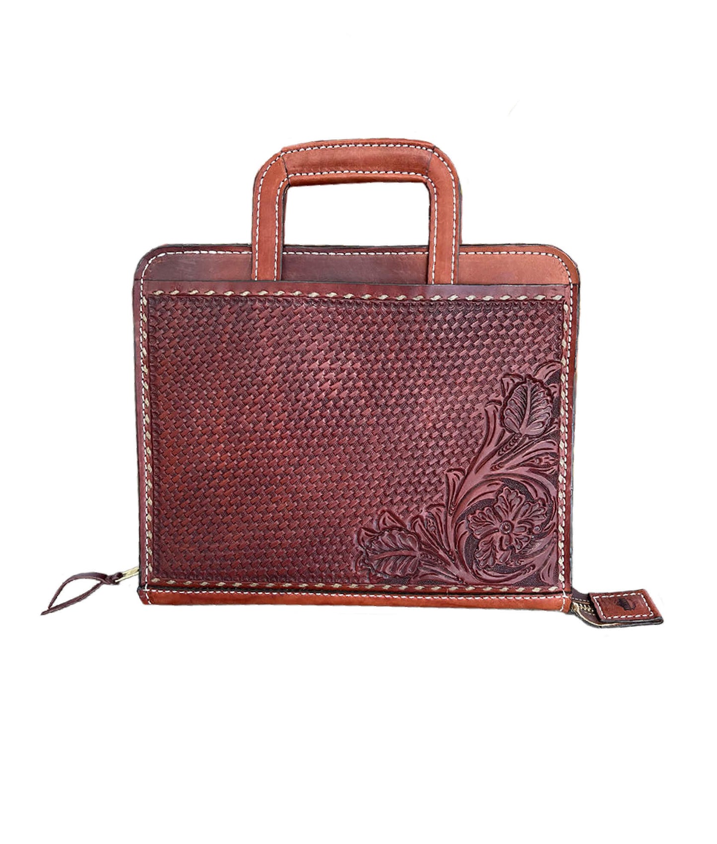 Alamo Saddlery  #26 Cowboy Briefcase toast leather basket and wild rose tooling with buckstitch