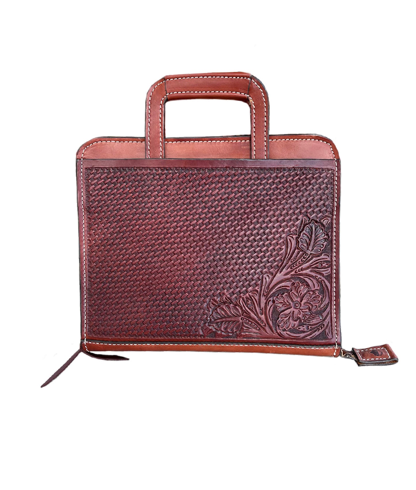 Alamo Saddlery #10 Cowboy Briefcase toast leather basket and wild rose tooling