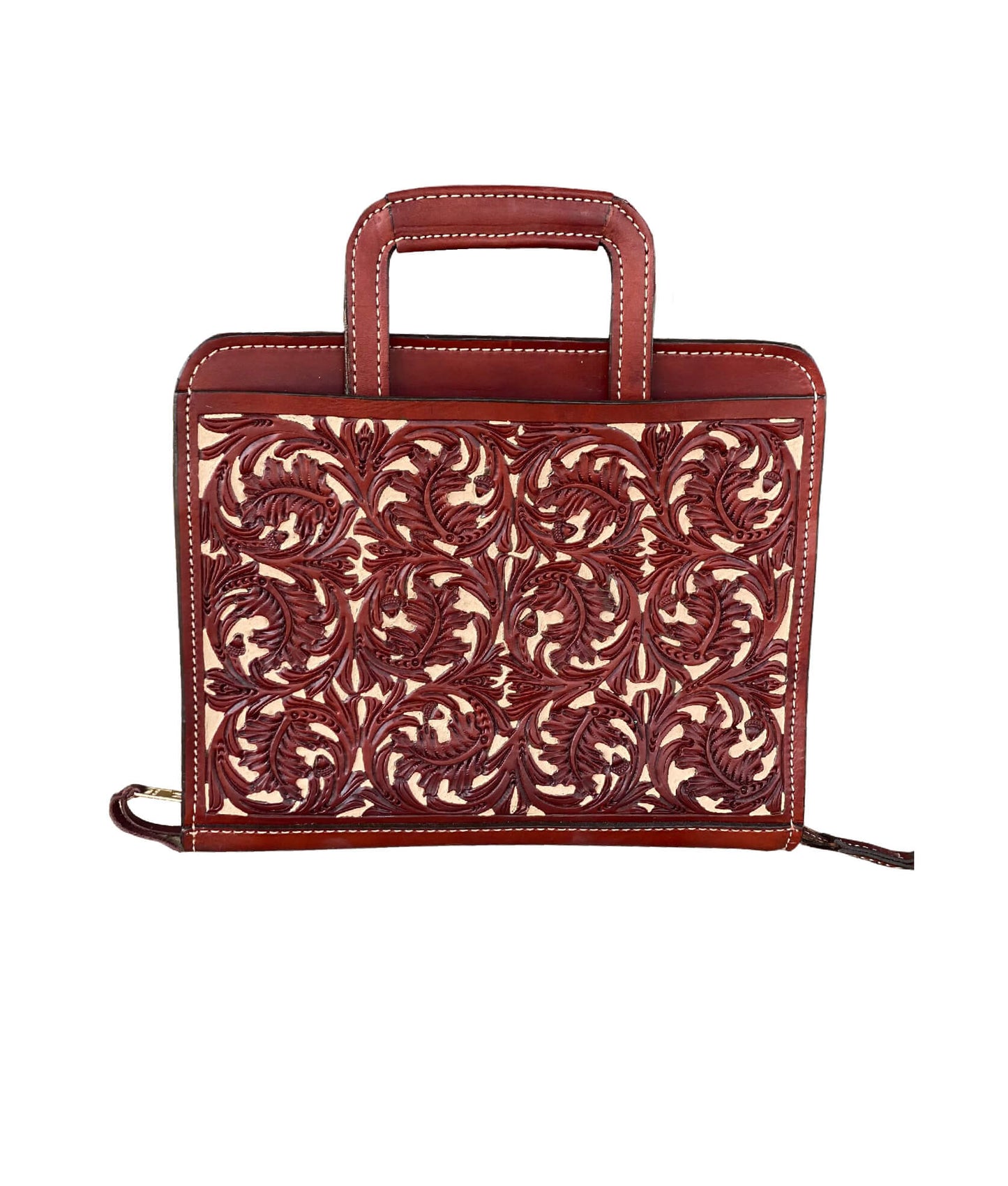Alamo Saddlery Cowboy Briefcase toast leather oak leaf tooling with background paint