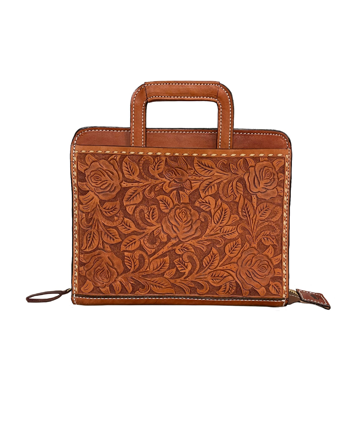 Alamo Saddlery #28 Cowboy Briefcase rough out toast leather rose tooling with buckstitch