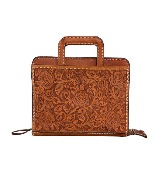 Alamo Saddlery #28 Cowboy Briefcase rough out toast leather rose tooling with buckstitch
