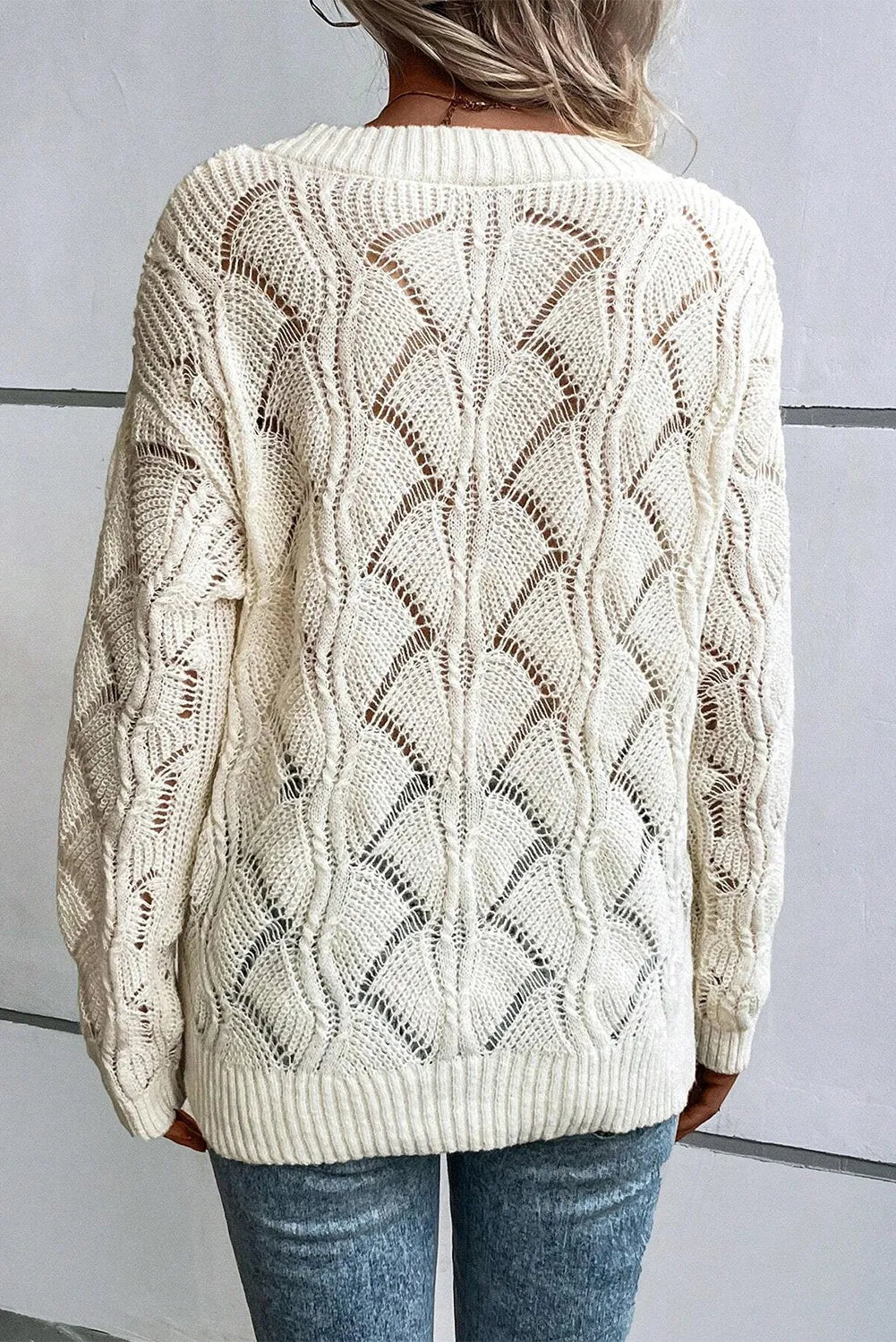 Openwork V-Neck Long Sleeve Sweater choice of colors