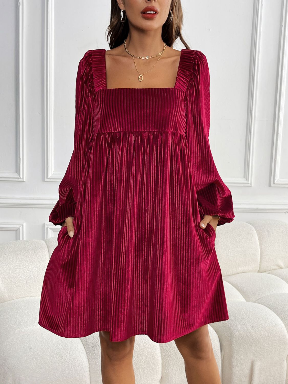 Ribbed Velvet Square Neck Long Sleeve Dress