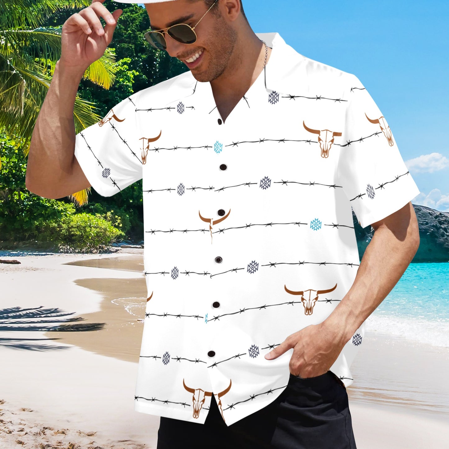 Baha Ranch White Bullhead Aztec Hawaiian Shirt Made in America