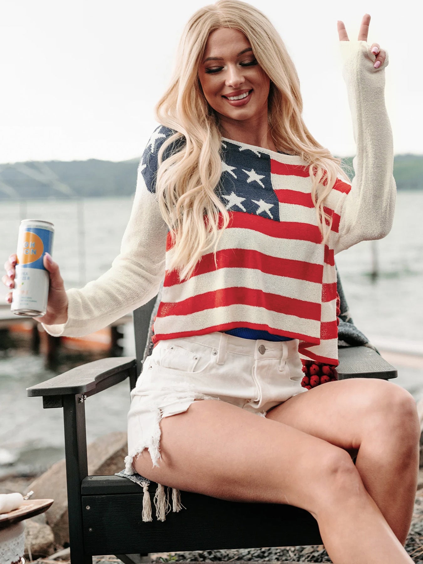 US Flag Boat Neck Long Sleeve Knit Top