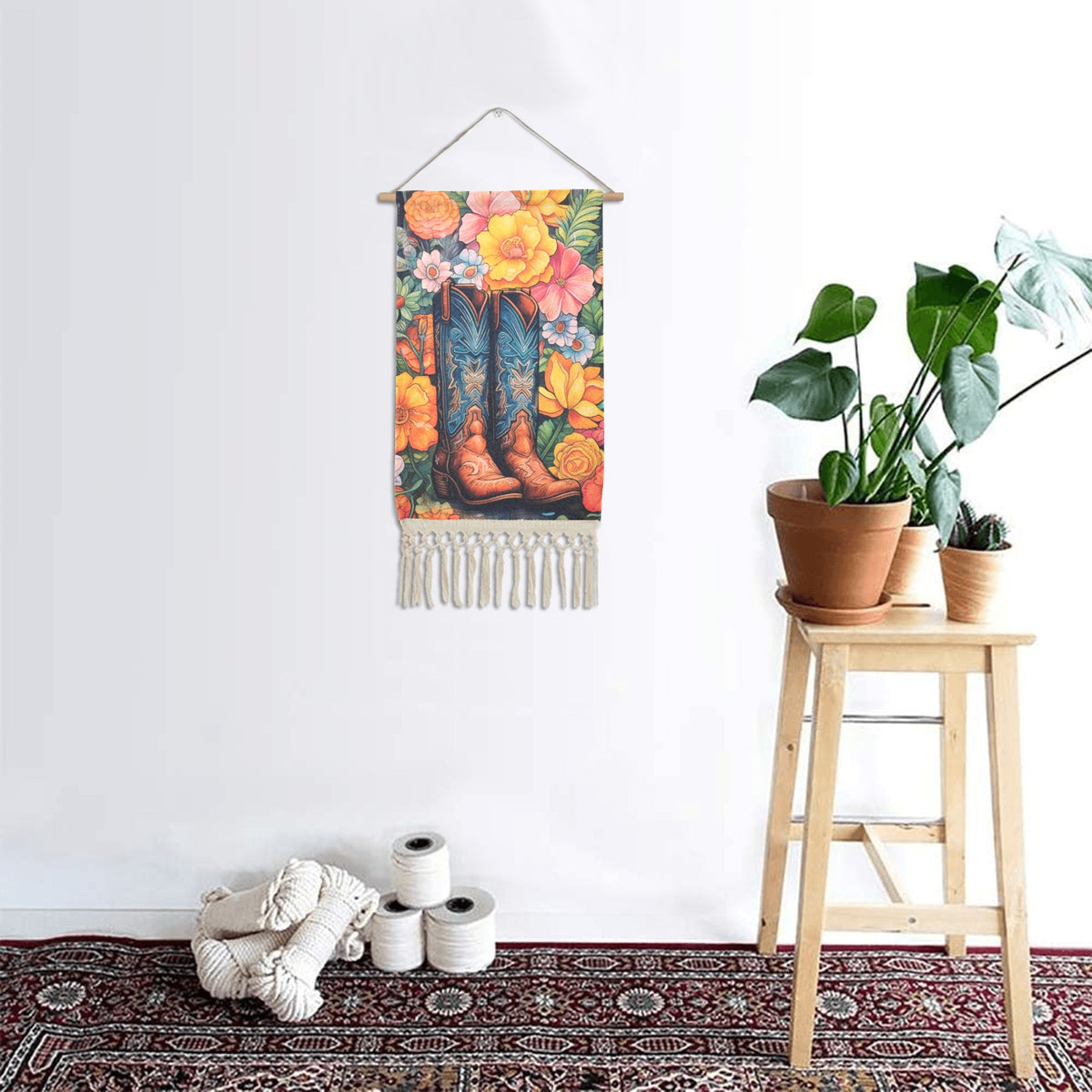 Baha Ranch Boots Floral Wall Hanging Linen Poster Made in America