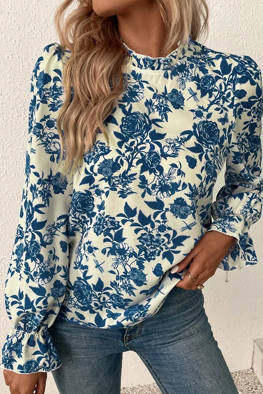 Floral Mock Neck Flounce Sleeve Blouse