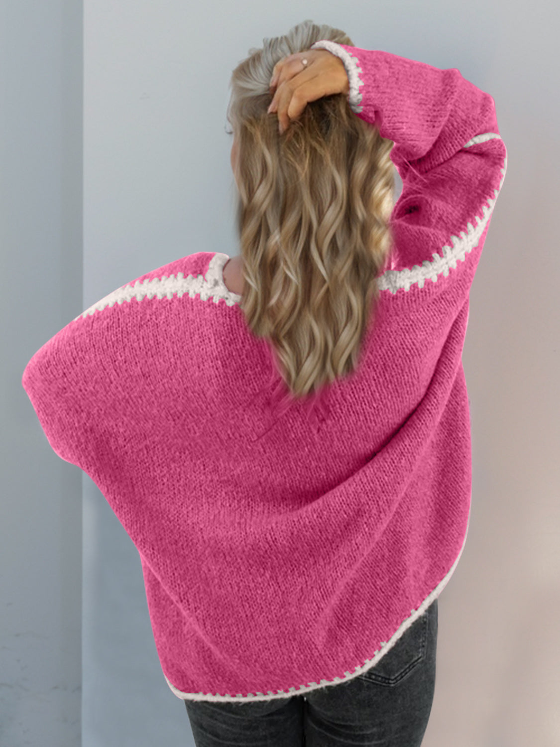 Double Take Contrast Open Front Dropped Shoulder Cardigan choice of colors