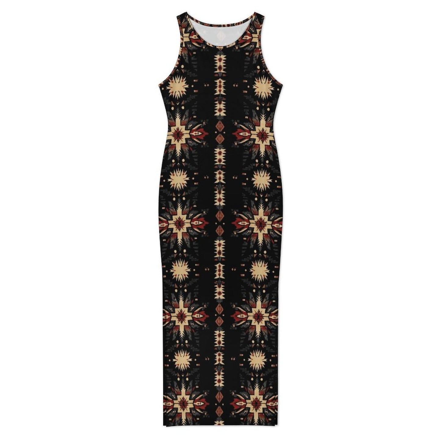 Black and Tan Aztec Bodycon Side Slit Western Maxi Dress