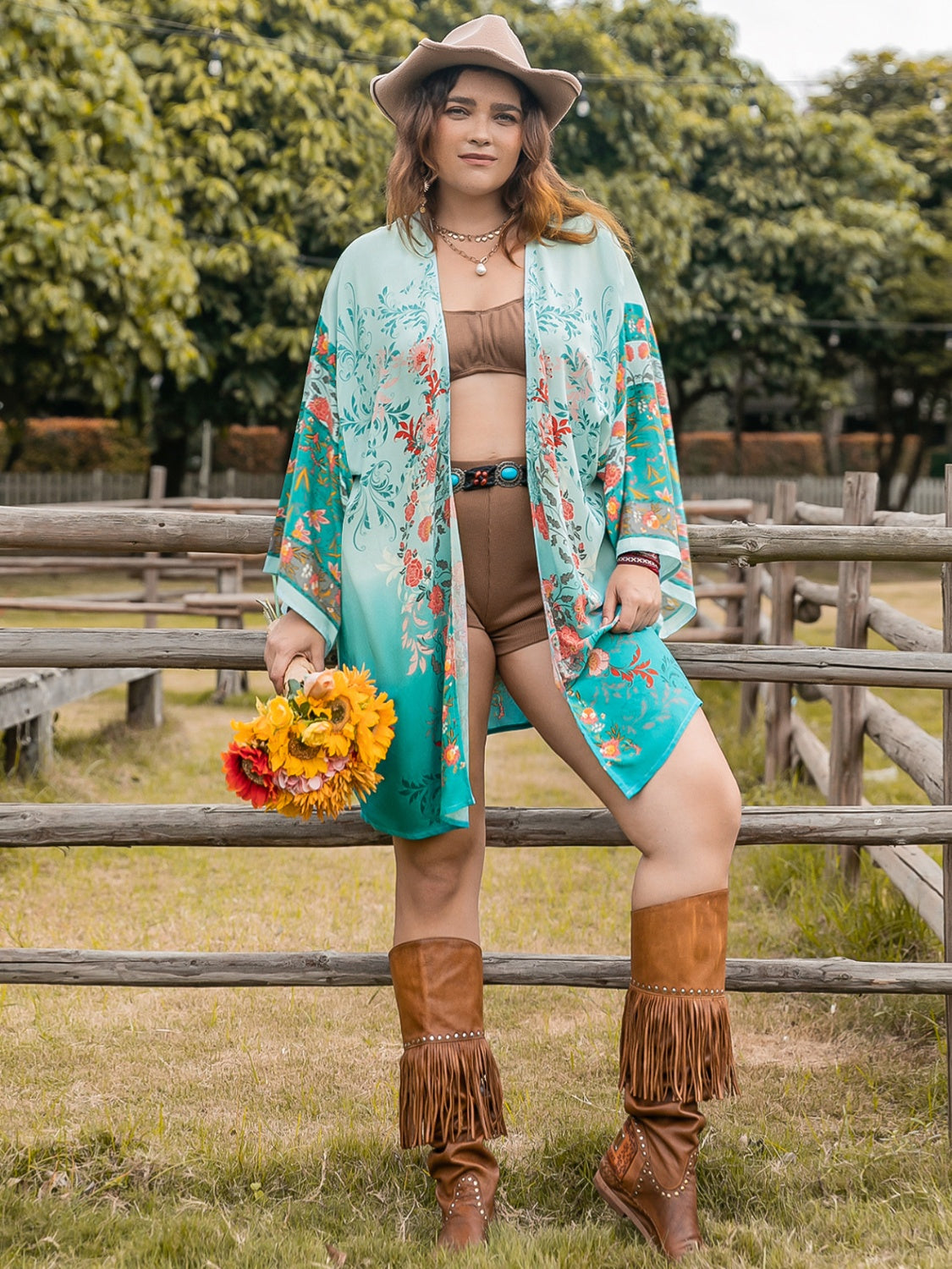 Boho Floral Plus Size Printed Open Front Long Sleeve Cover Up Baha Ranch Western Wear