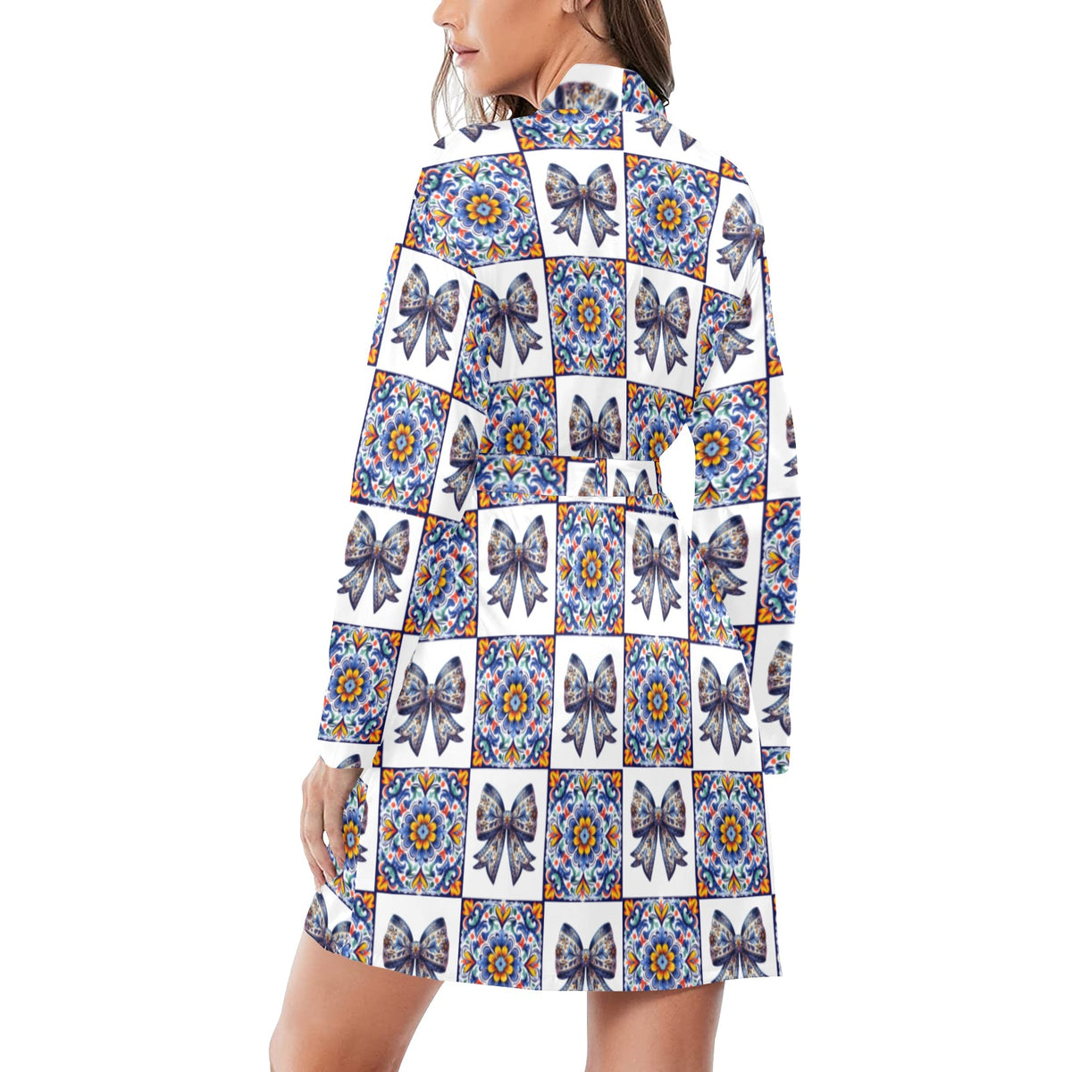 Baha Ranch Colores De Mexico Blue Bow Talavera Collage Satin Robe