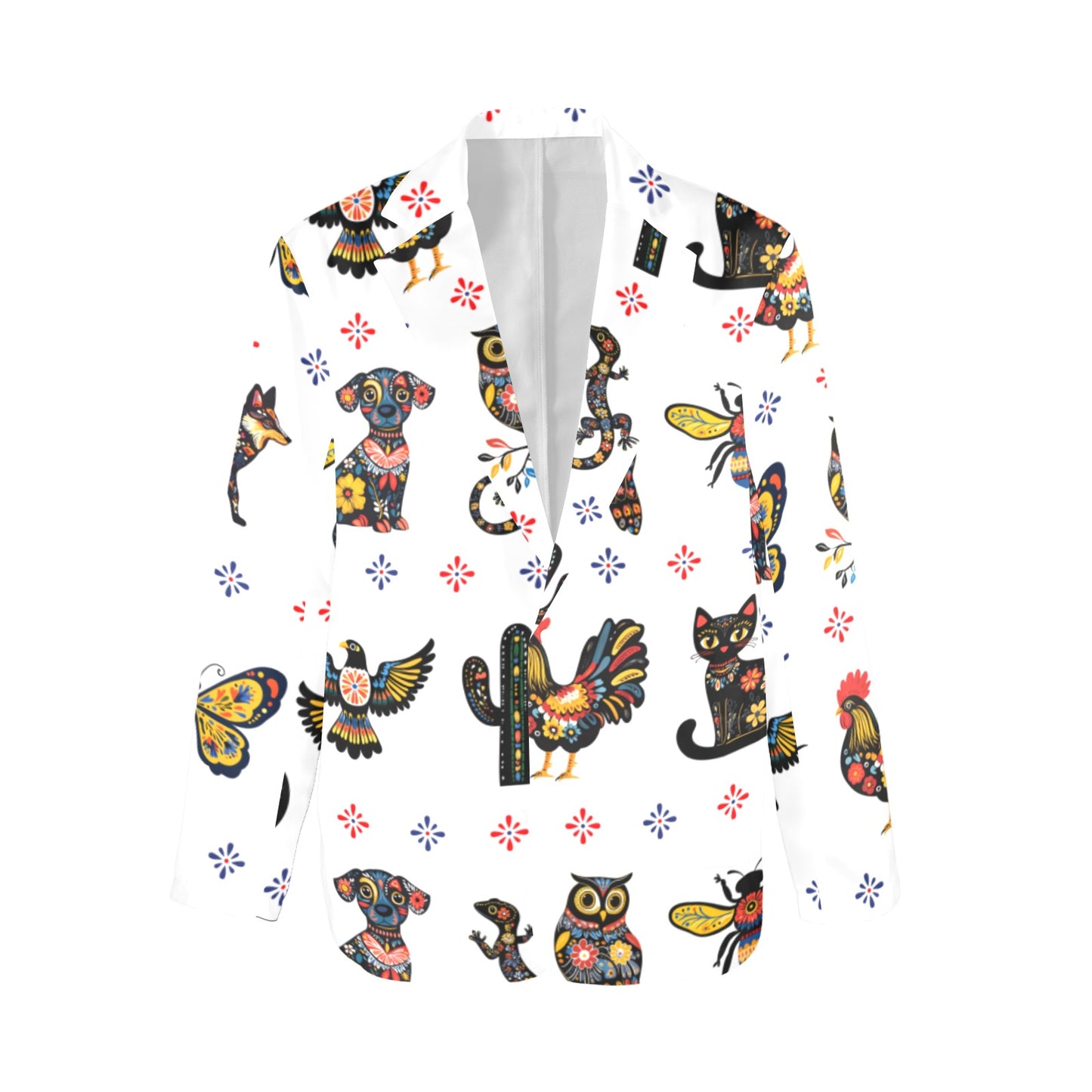 Colores de Mexico Mexican Talavera Floral Animals Blazer in White