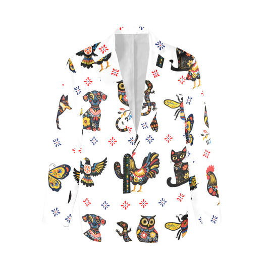 Colores de Mexico Mexican Talavera Floral Animals Blazer in White
