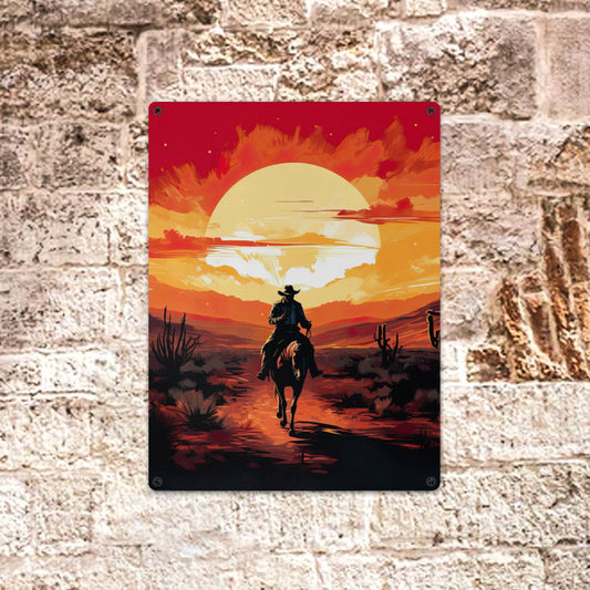 Cowboy Desert Sunset Metal Sign  12"x16" (Made in USA)