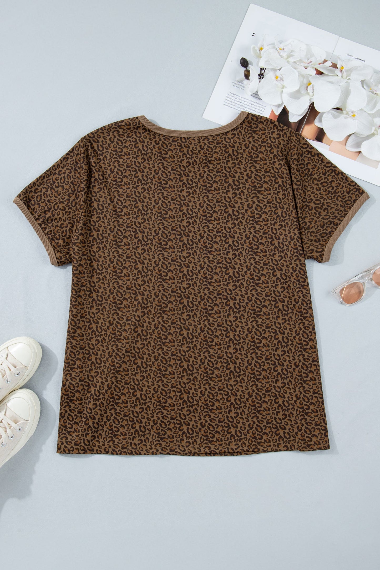Plus Size Leopard Ribbed Trim Short Sleeve Tee