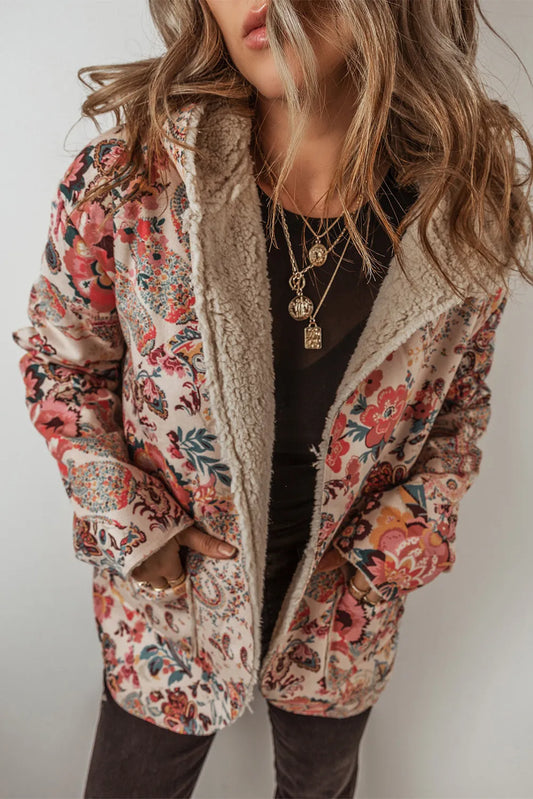 Vintage Frosted Velvet Floral Print Long Sleeve Hooded Jacket