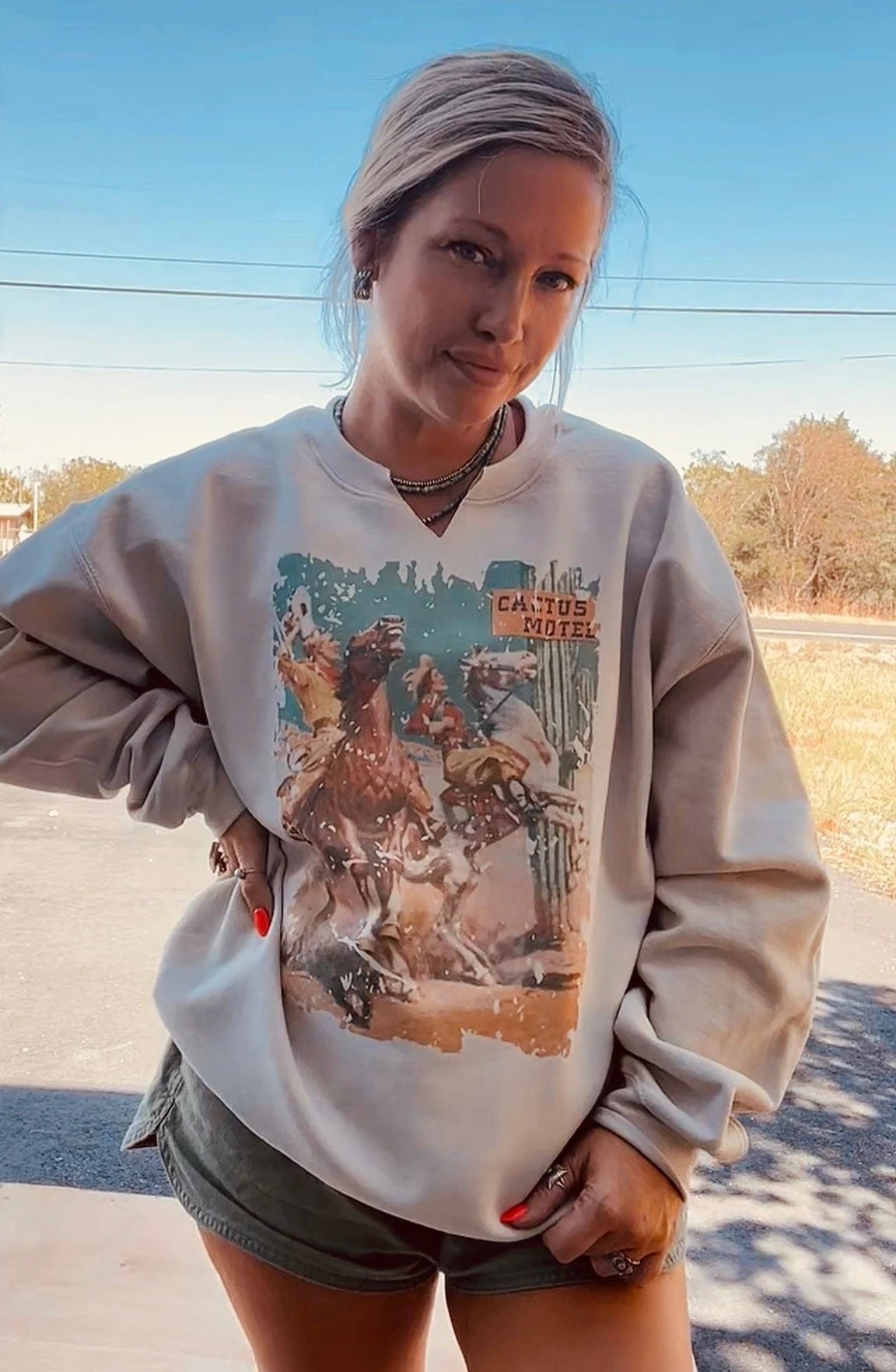 Distressed Cactus Motel Western Sweatshirt