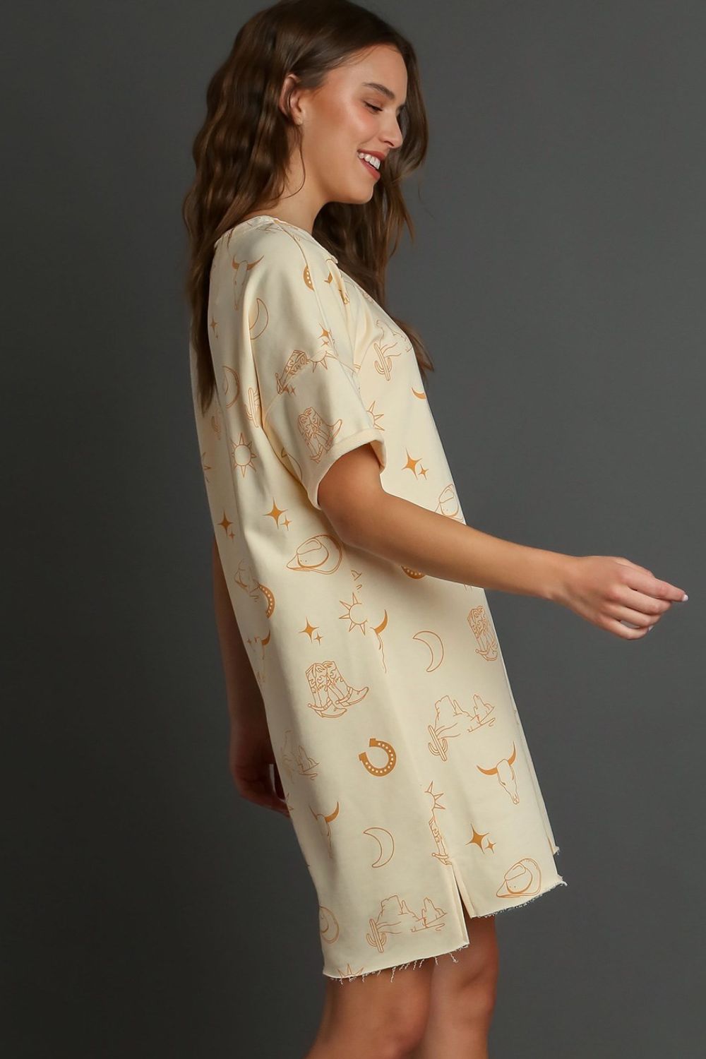 Umgee Full Size French Terry Short Sleeve Round Neck Dress Plus