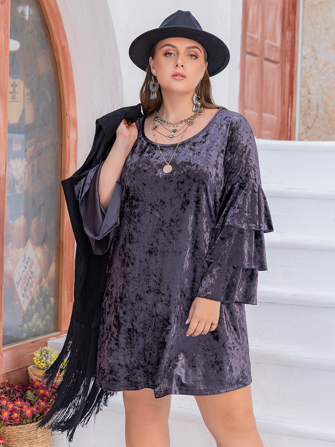 Velvet Flounce Sleeve Mini Dress Plus Size