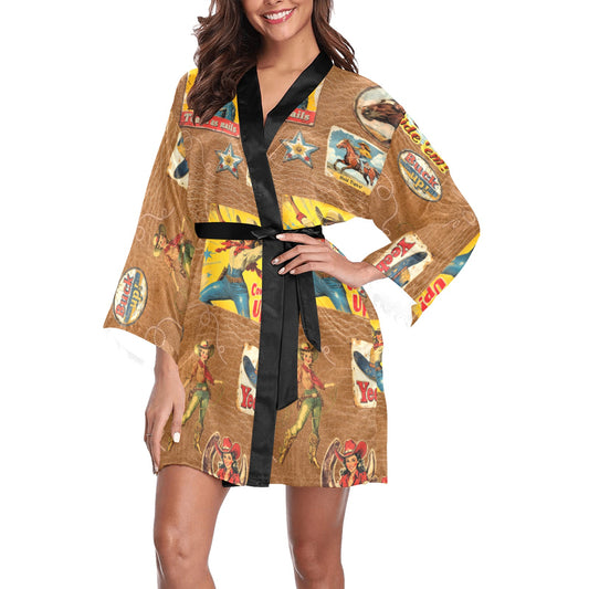 Vintage Cowgirl Collage Kimono Satin Robe