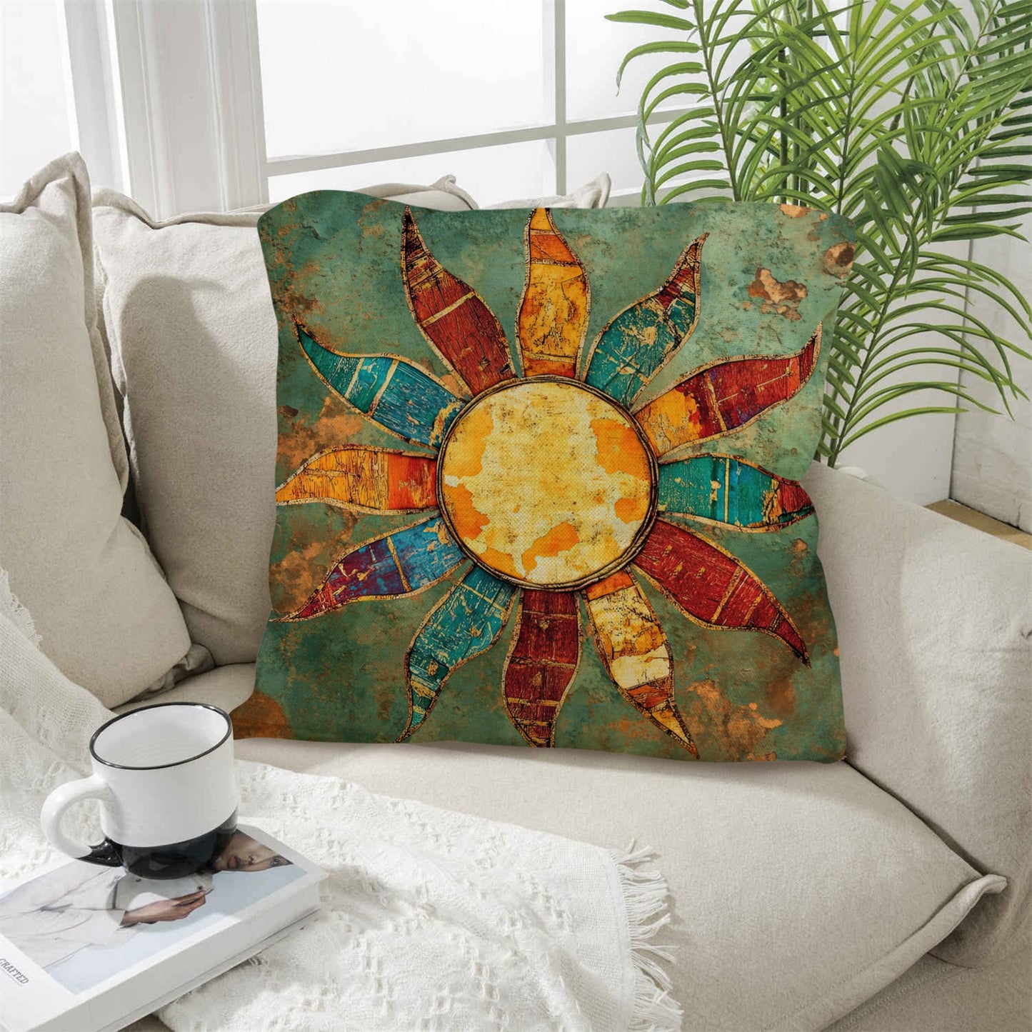 Colores de Mexico Sun Face Throw Pillow Case Made in America