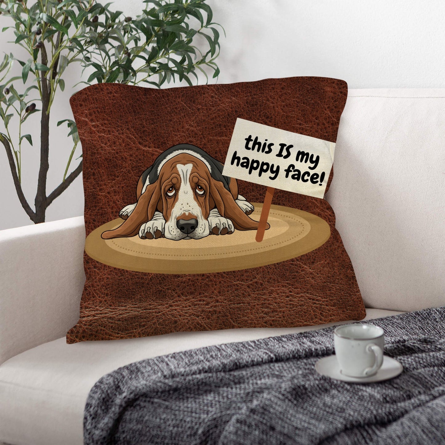 Baha Ranch Basset Hound This is My Happy Face Throw Pillow Case Made in America