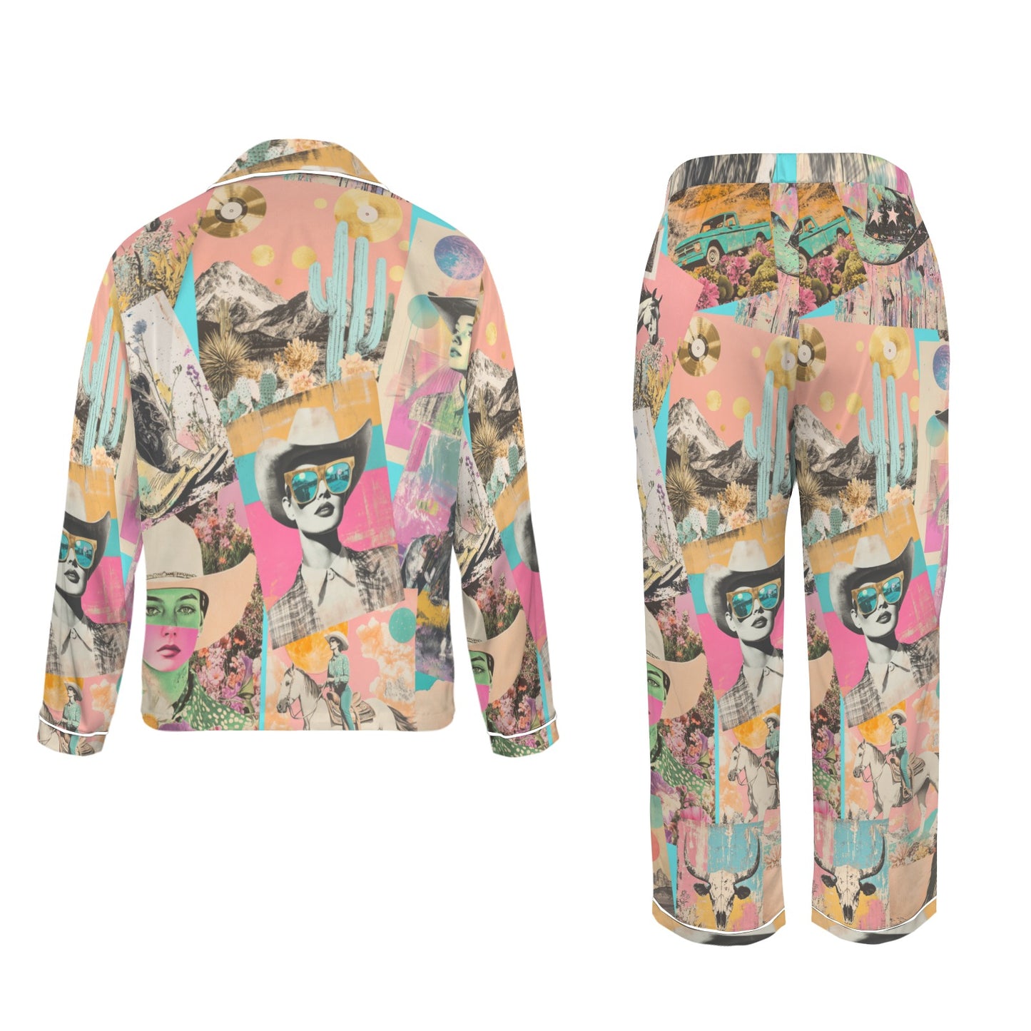 Pop Western Collage Cowgirl Satin Pajamas