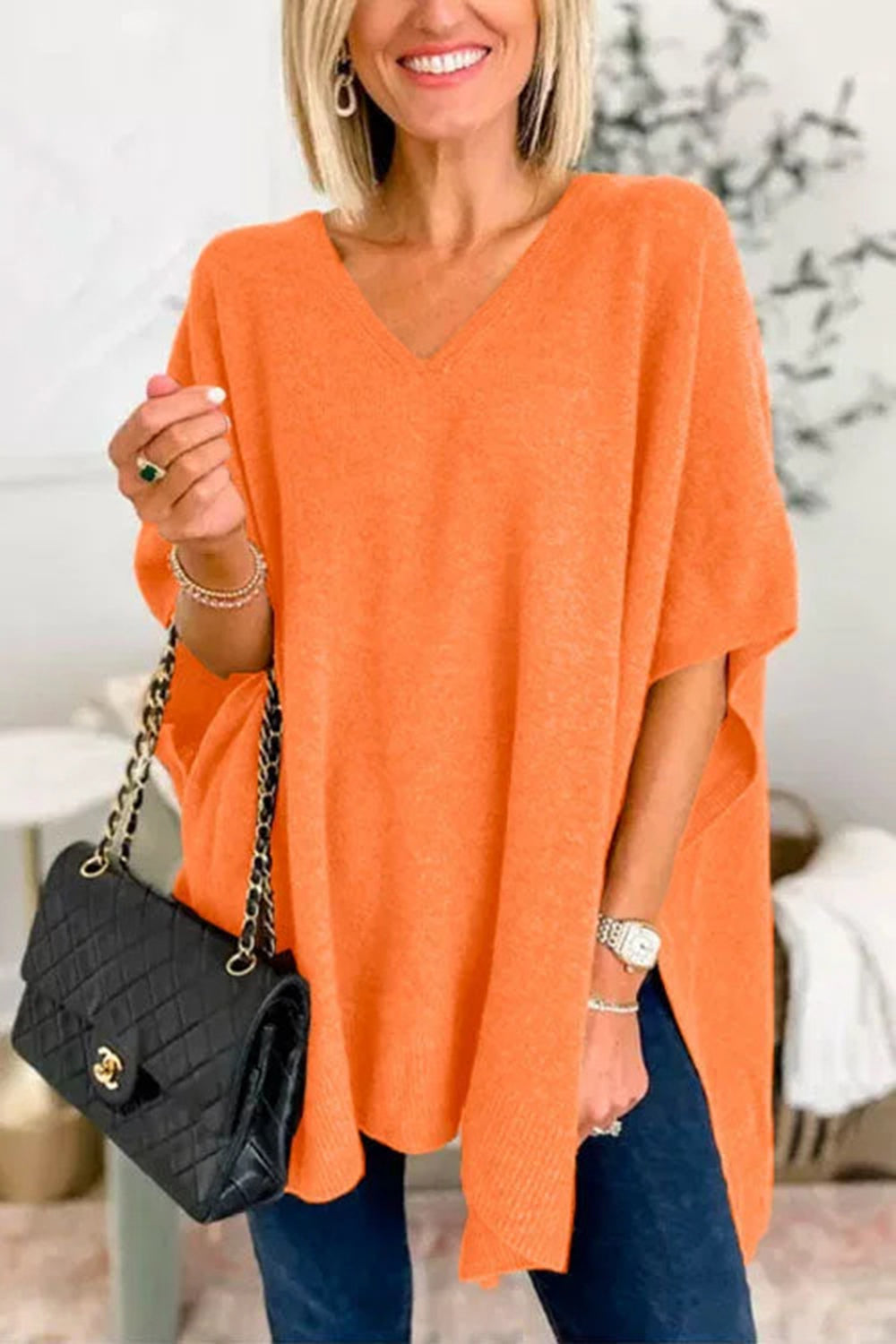 Slit V-Neck Half Sleeve Knit Top choice of colors