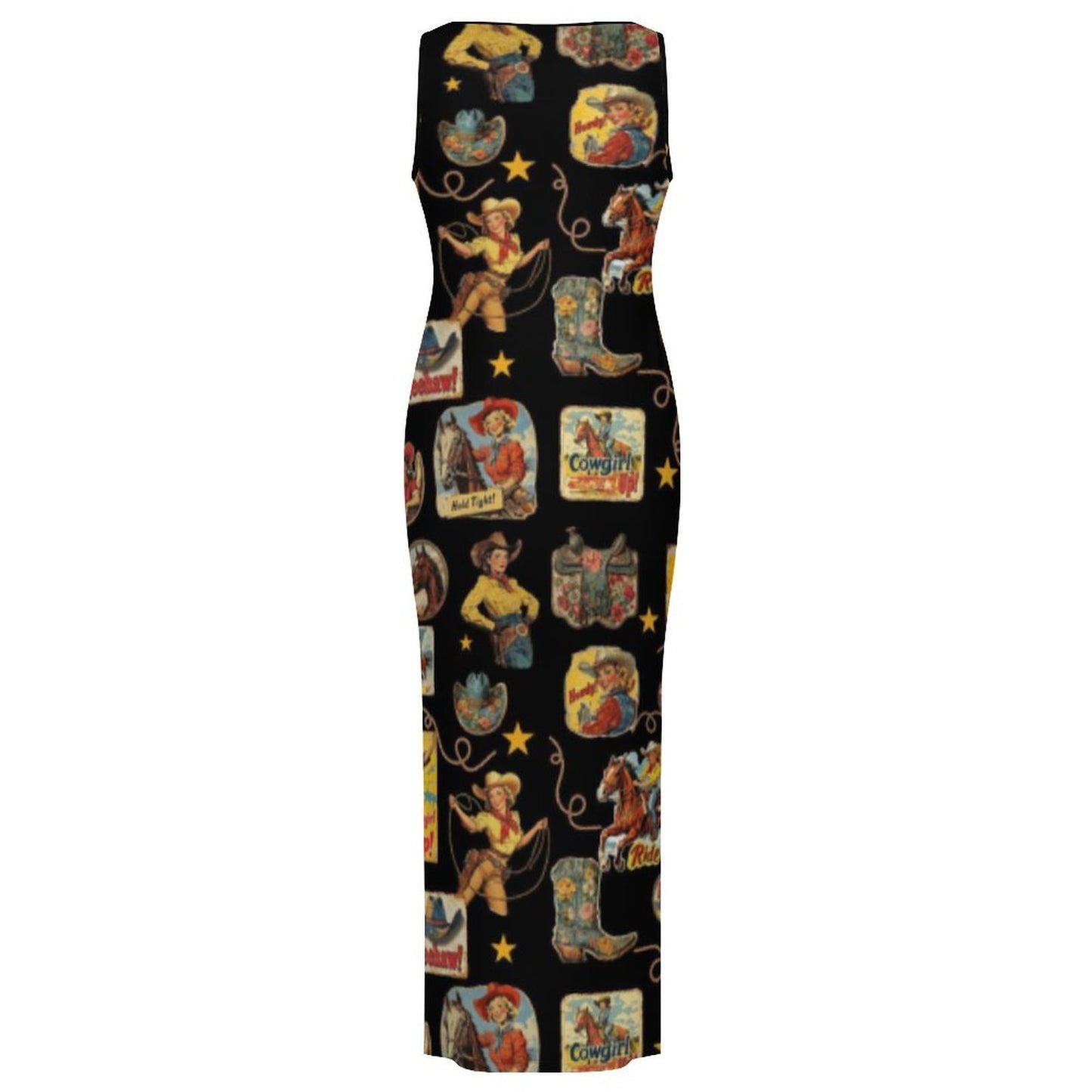 Baha Ranch Vintage Cowgirl Collage Sleeveless Bodycon Side Slit Long Dress