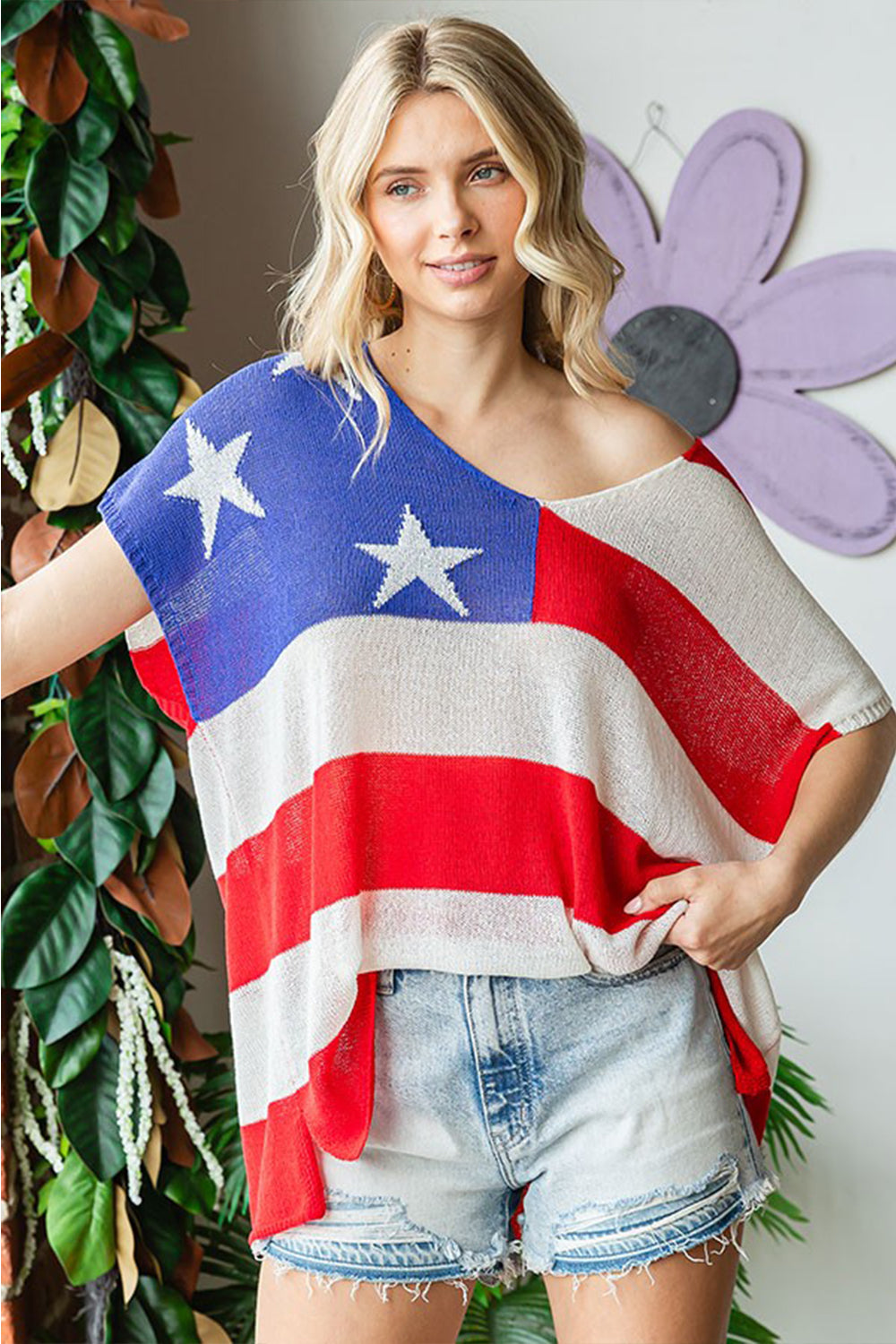 USA Flag Drop Shoulder Knit Top