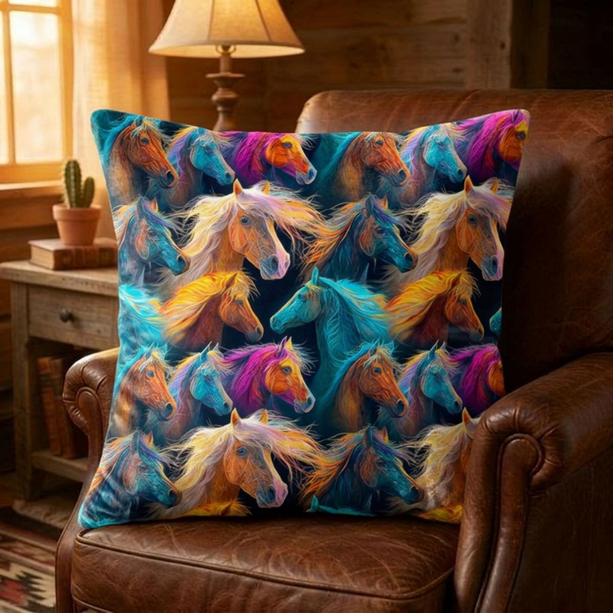 Baha Ranch Velvety Soft Colorful Horses Pillow Cover Made in America