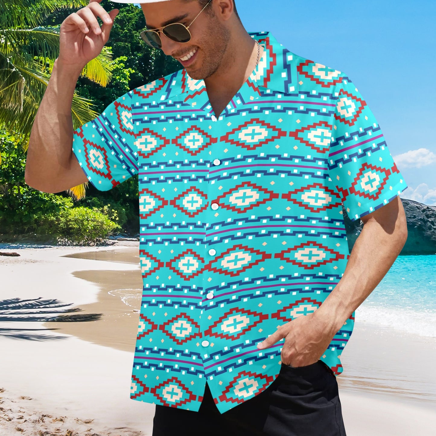 Baha Ranch Aqua Aztec Men's Camp Shirt Made in America