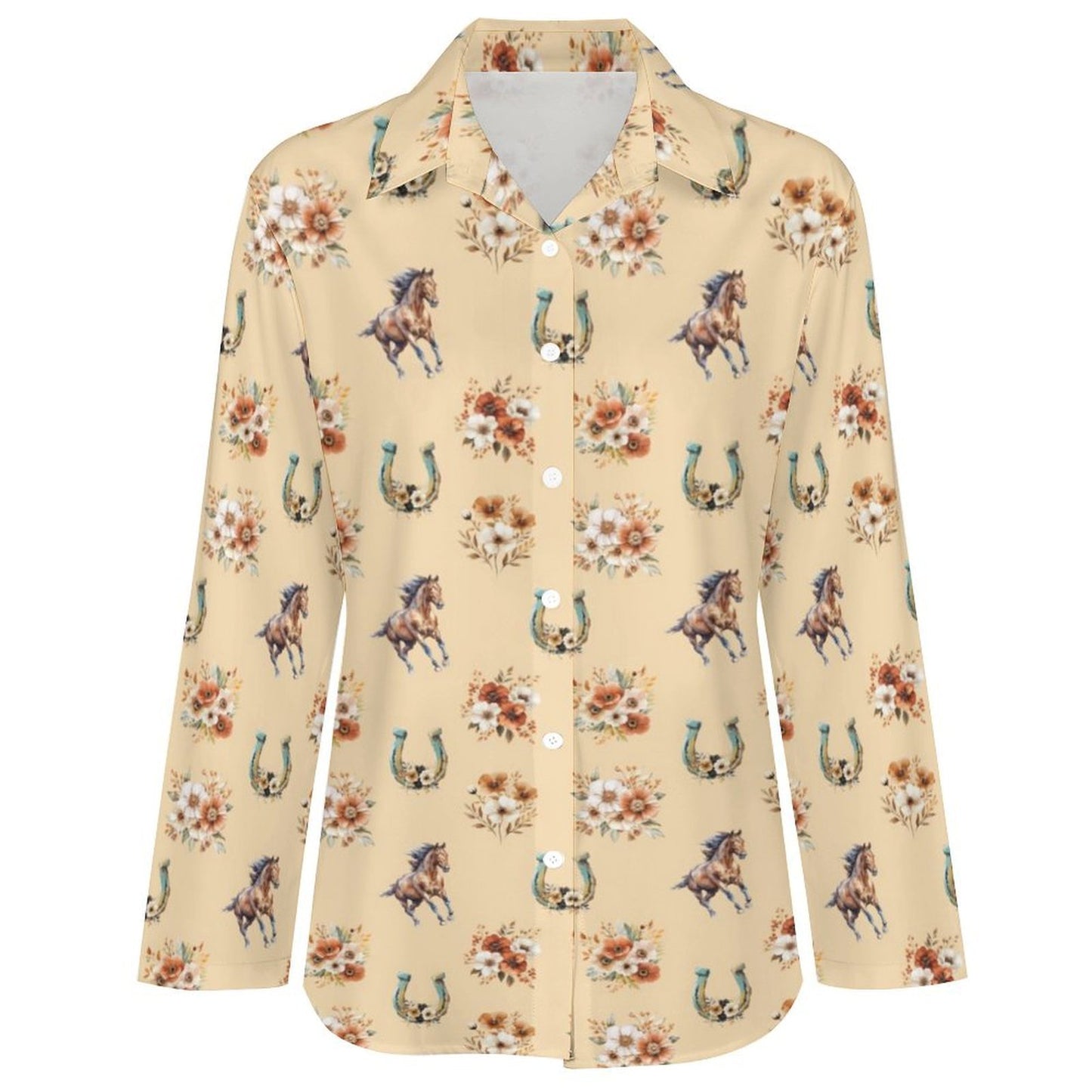 Baha Ranch Floral Horse Country Girl Long Sleeve Blouse