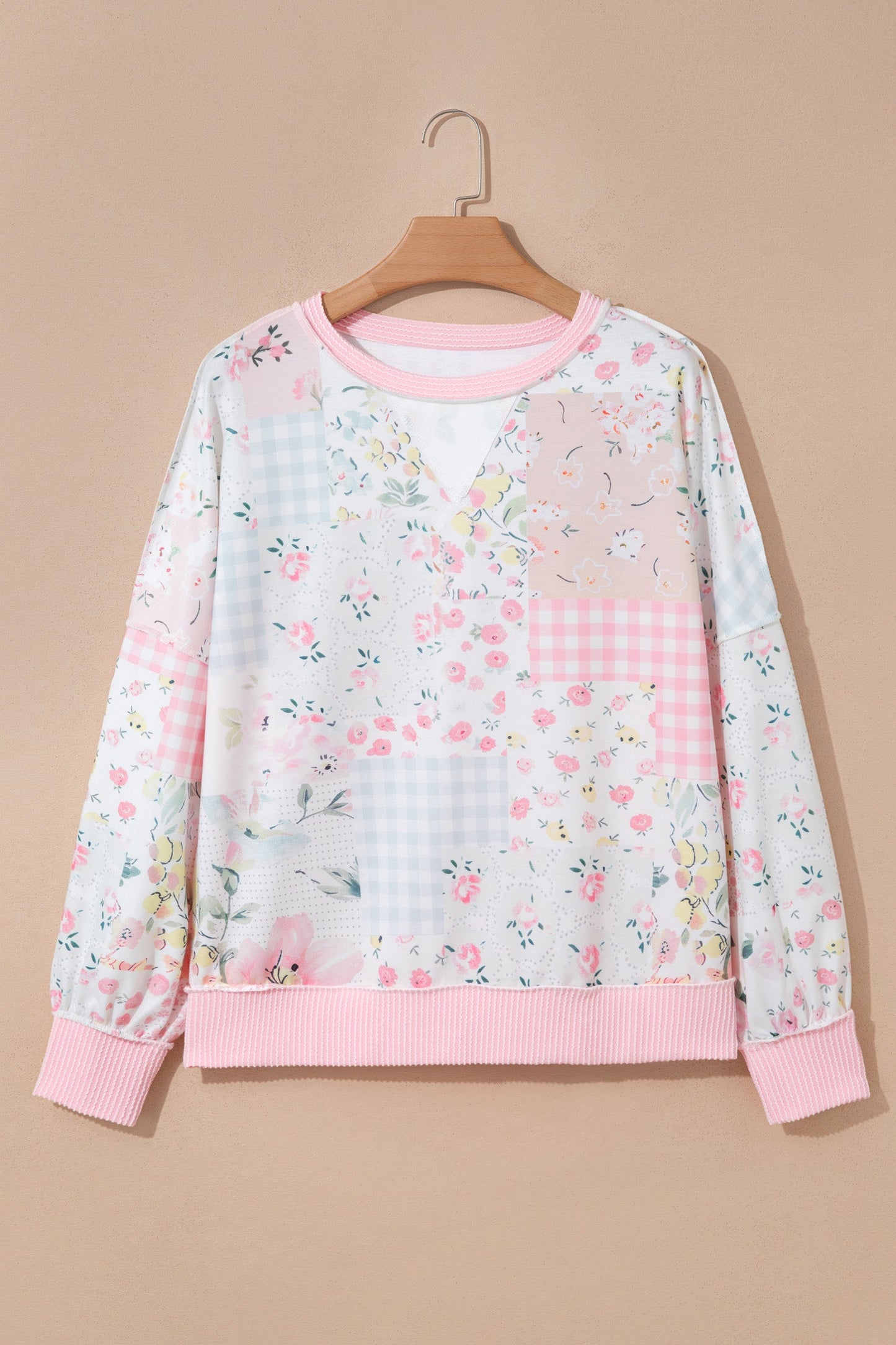 Floral Patchwork Corded Knit Long Sleeve Top