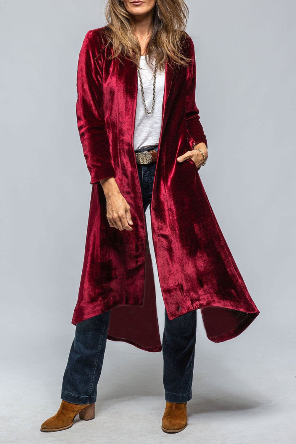 Velvet Slit Back Open Front Cardigan Duster