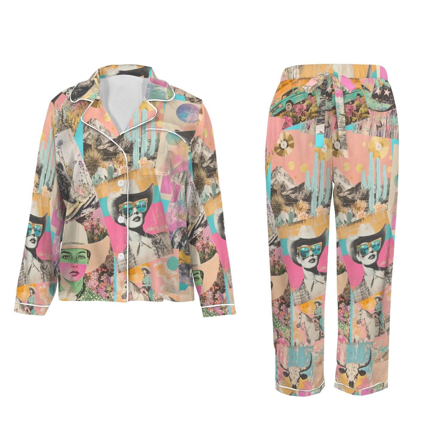 Pop Western Collage Cowgirl Satin Pajamas