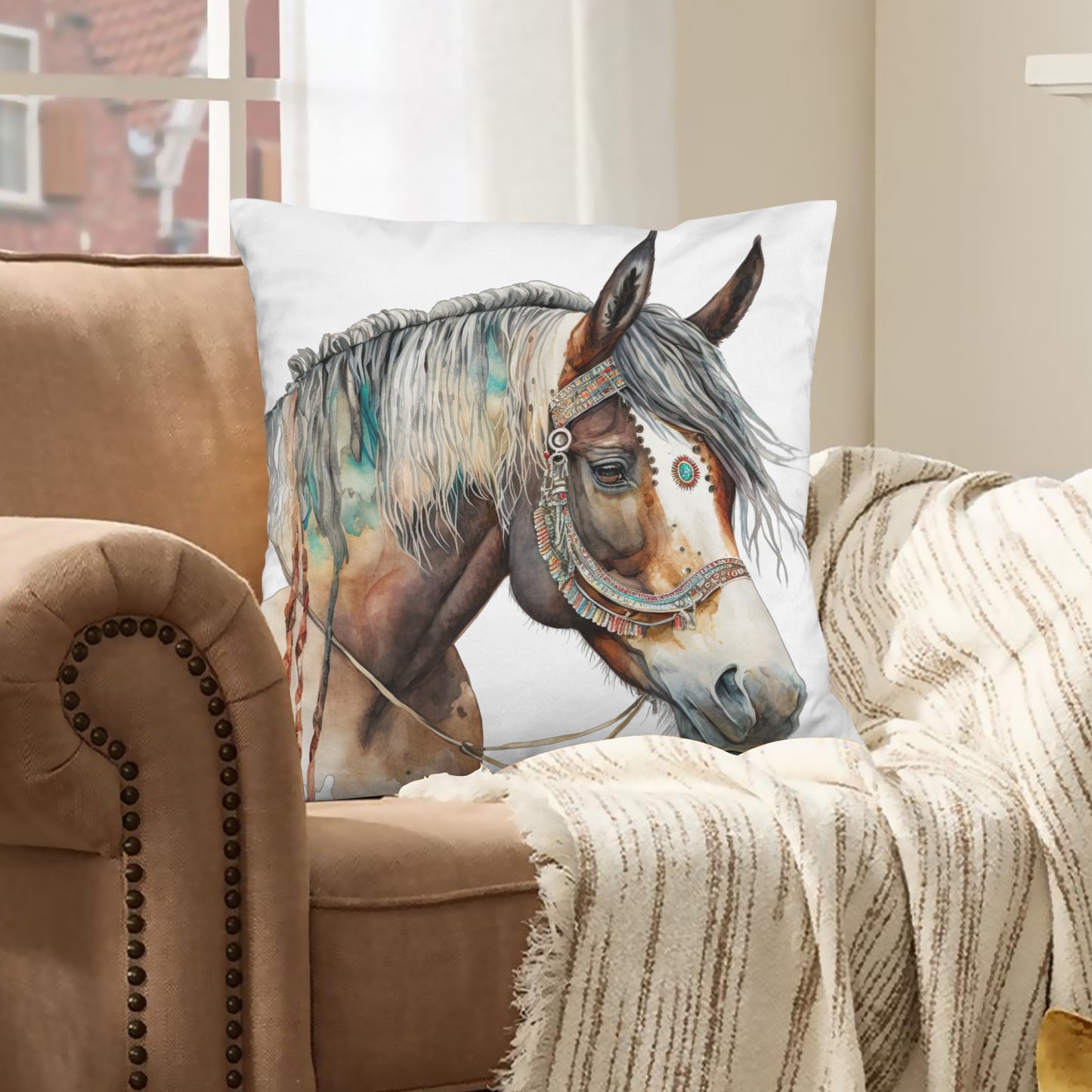 Baha Ranch Fancy Horse on White Velvety Soft Pillow Case Made in America