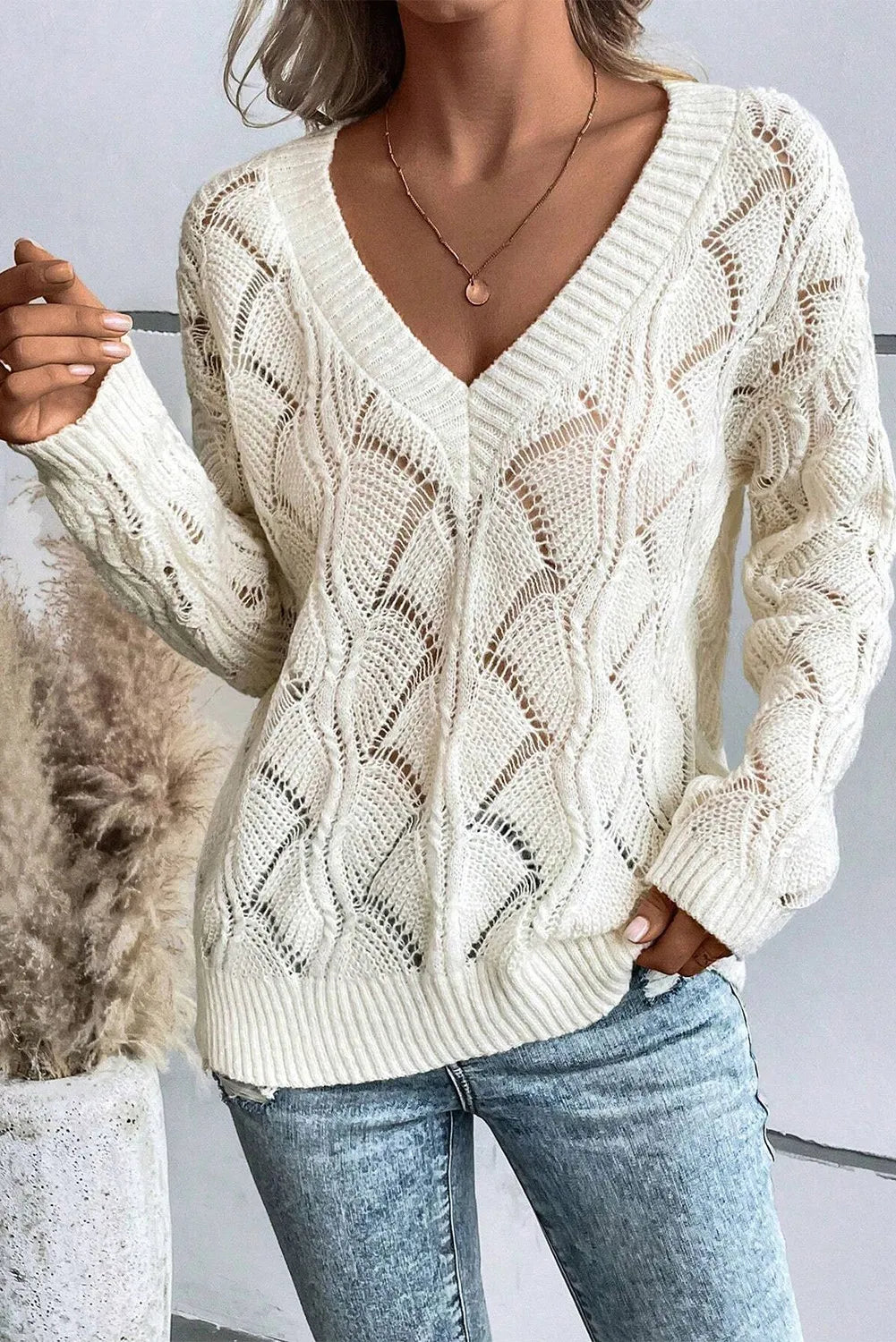 Openwork V-Neck Long Sleeve Sweater choice of colors