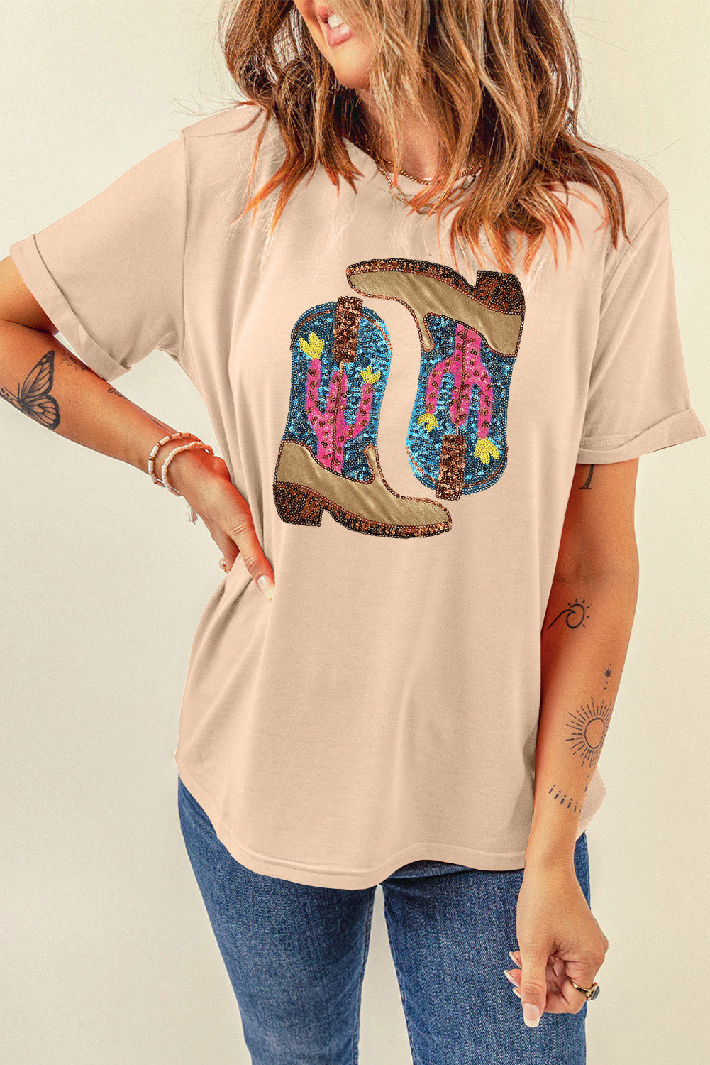 Sequin Boots Short Sleeve T-Shirt