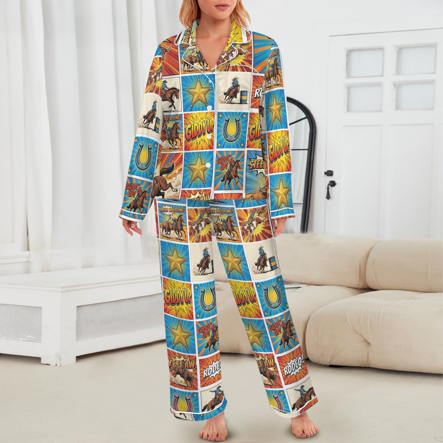 Baha Ranch The Comic Corral Western Rodeo Satin Pajama Set