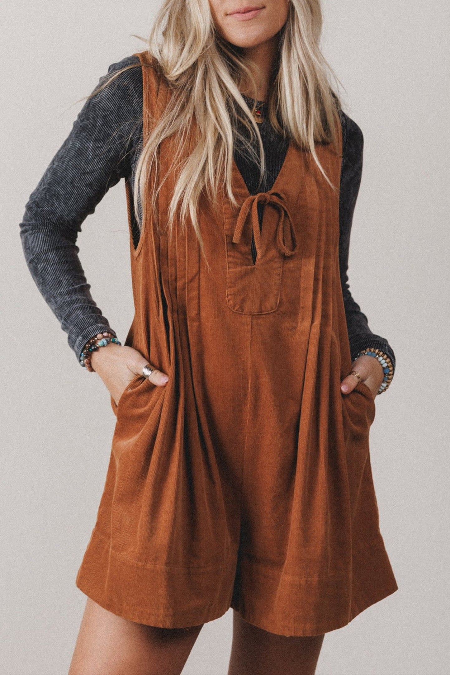 Solid Tie V-Neck Sleeveless Corduroy Romper
