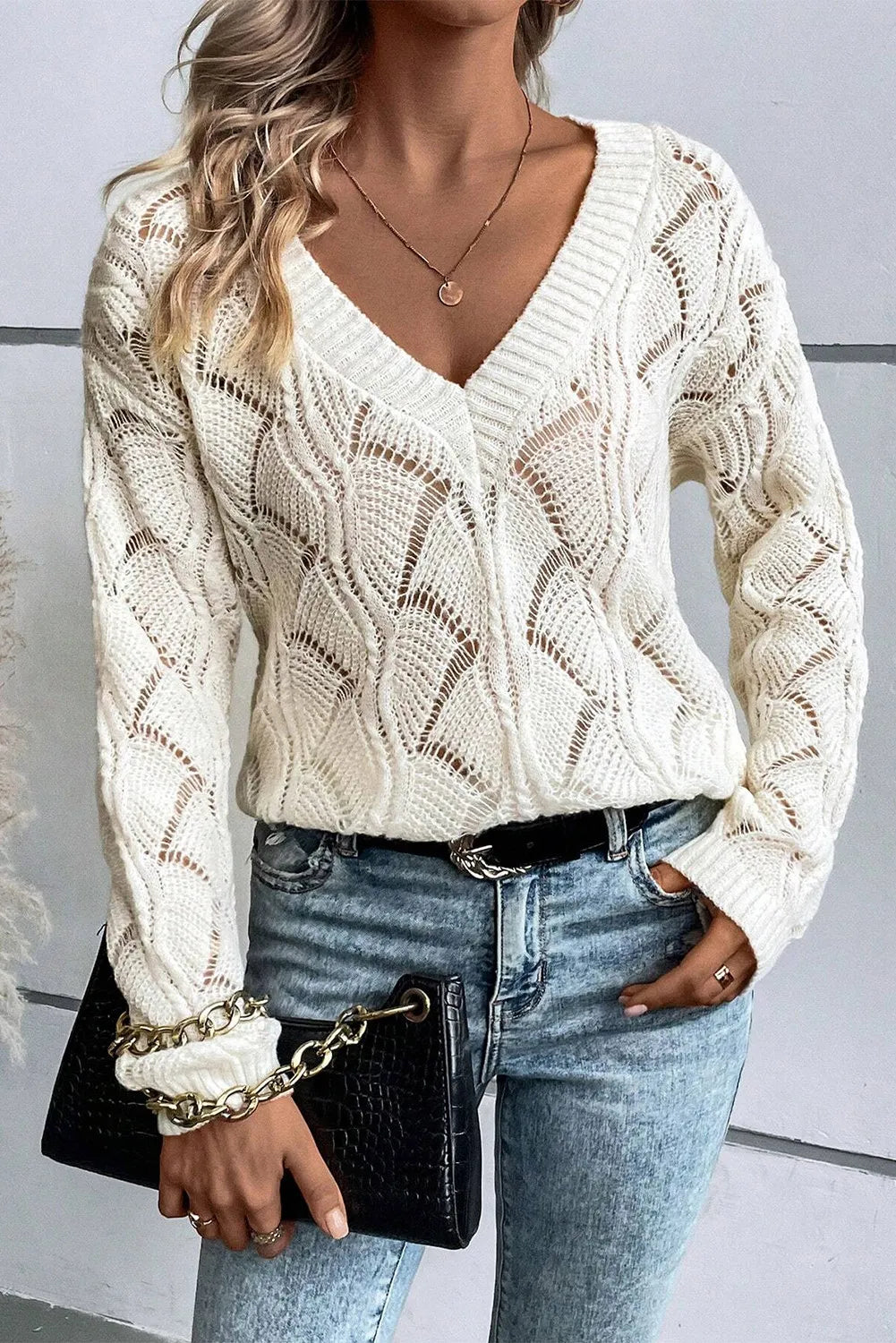 Openwork V-Neck Long Sleeve Sweater choice of colors