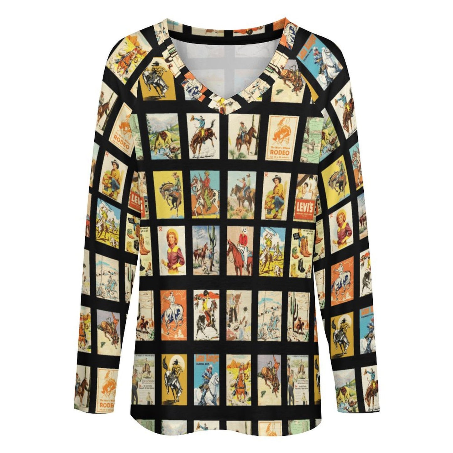 Baha Ranch Cowboy Collage Western Print Long Sleeve Top