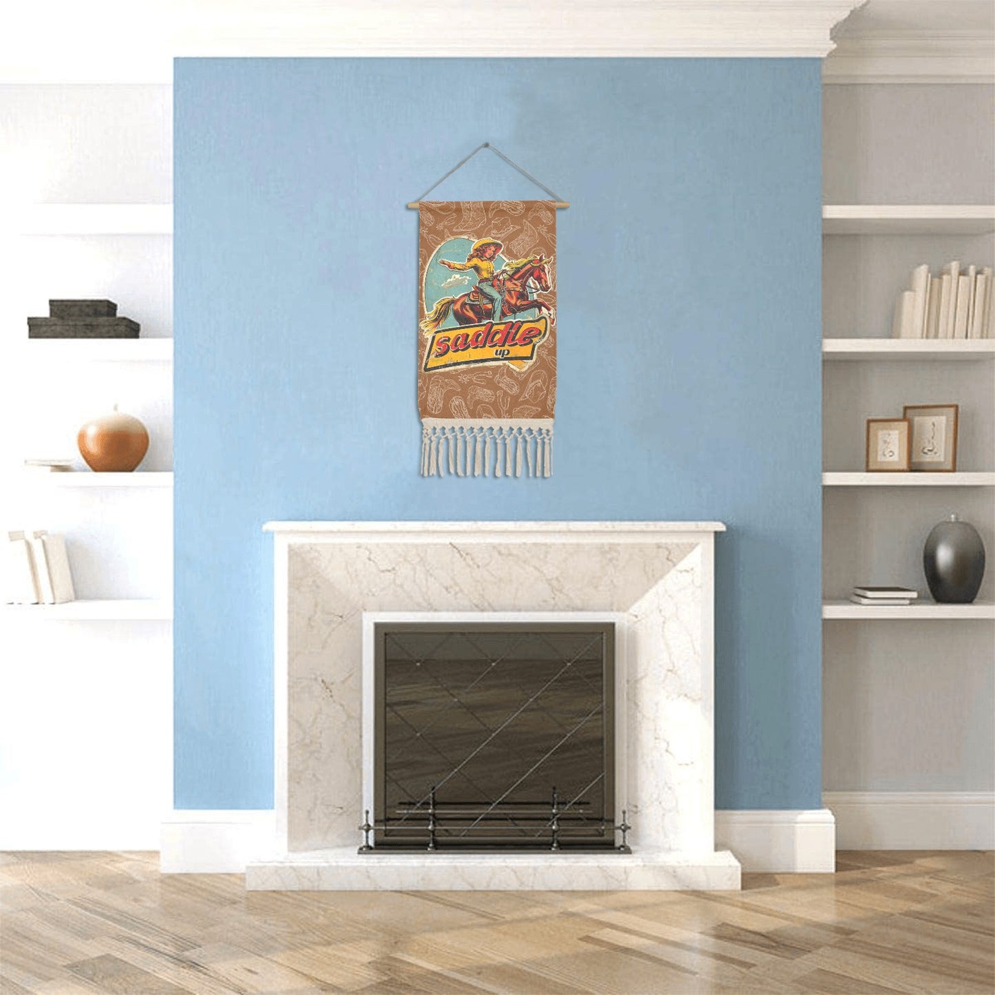 Saddle Up Western Wall Decor Linen Hanging Poster with Fringe Made in America