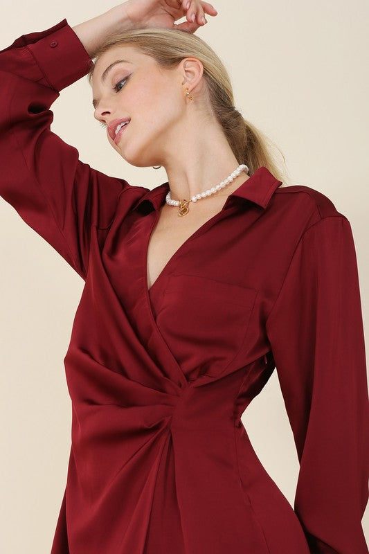 Satin collared wrap mini dress choice of colors