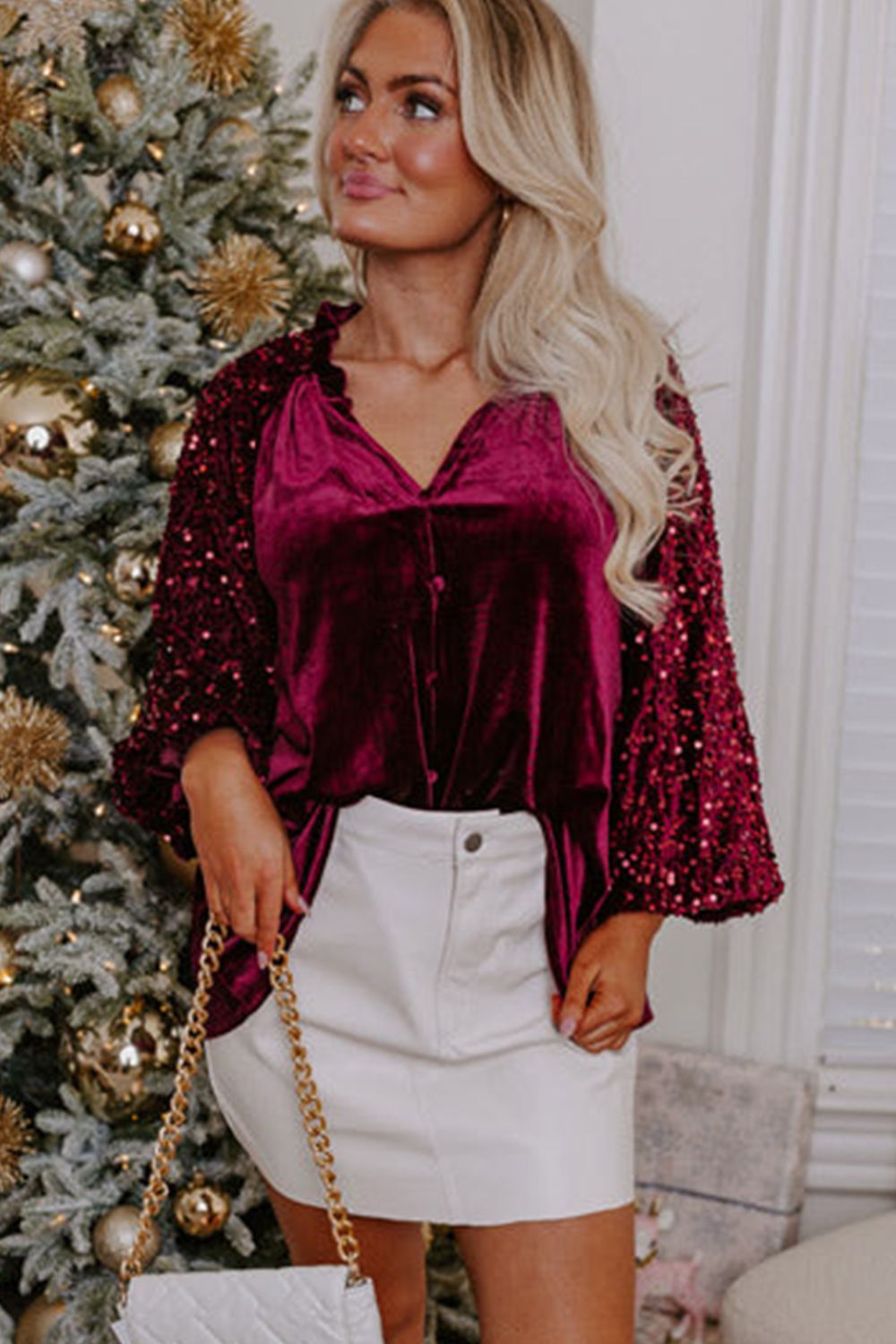 Sequin Sleeve Holiday Velvet Top choice of colors