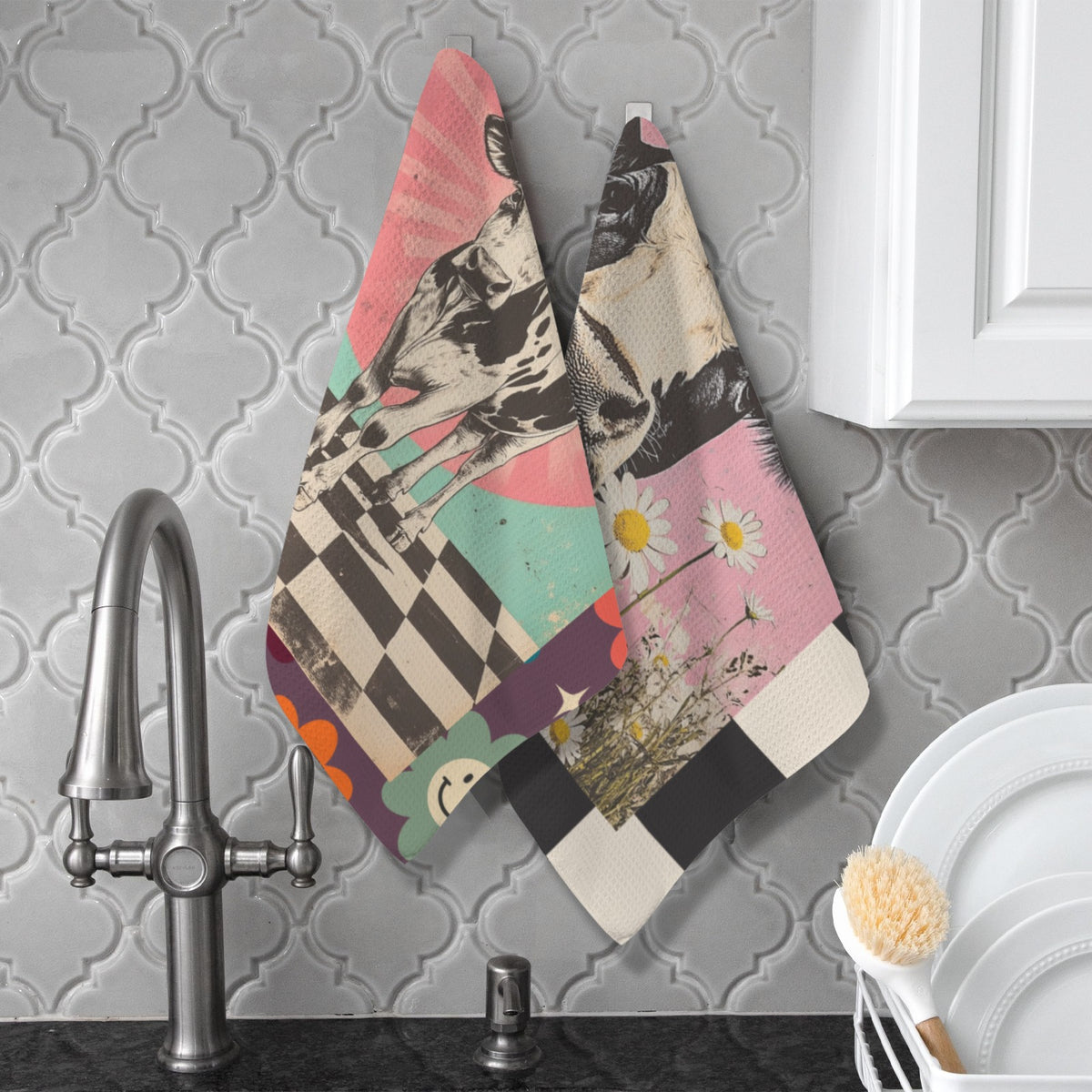 Baha Ranch Checkered Cows set of 2 Kitchen Towels Made in America