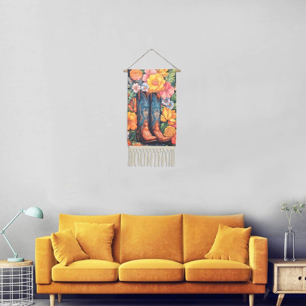 Baha Ranch Boots Floral Wall Hanging Linen Poster Made in America